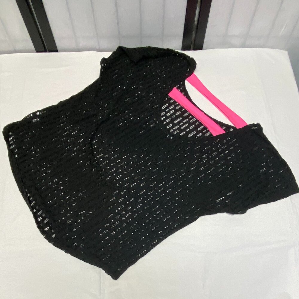 Maurices Crop Deep V Ladder Back Openwork Top Coverup L Black Pink Dolman Sleeve - Picture 9 of 12